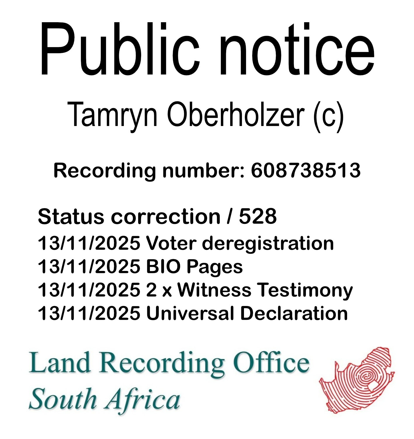 Public notice Tamryn Oberholzer Recording number 608738513